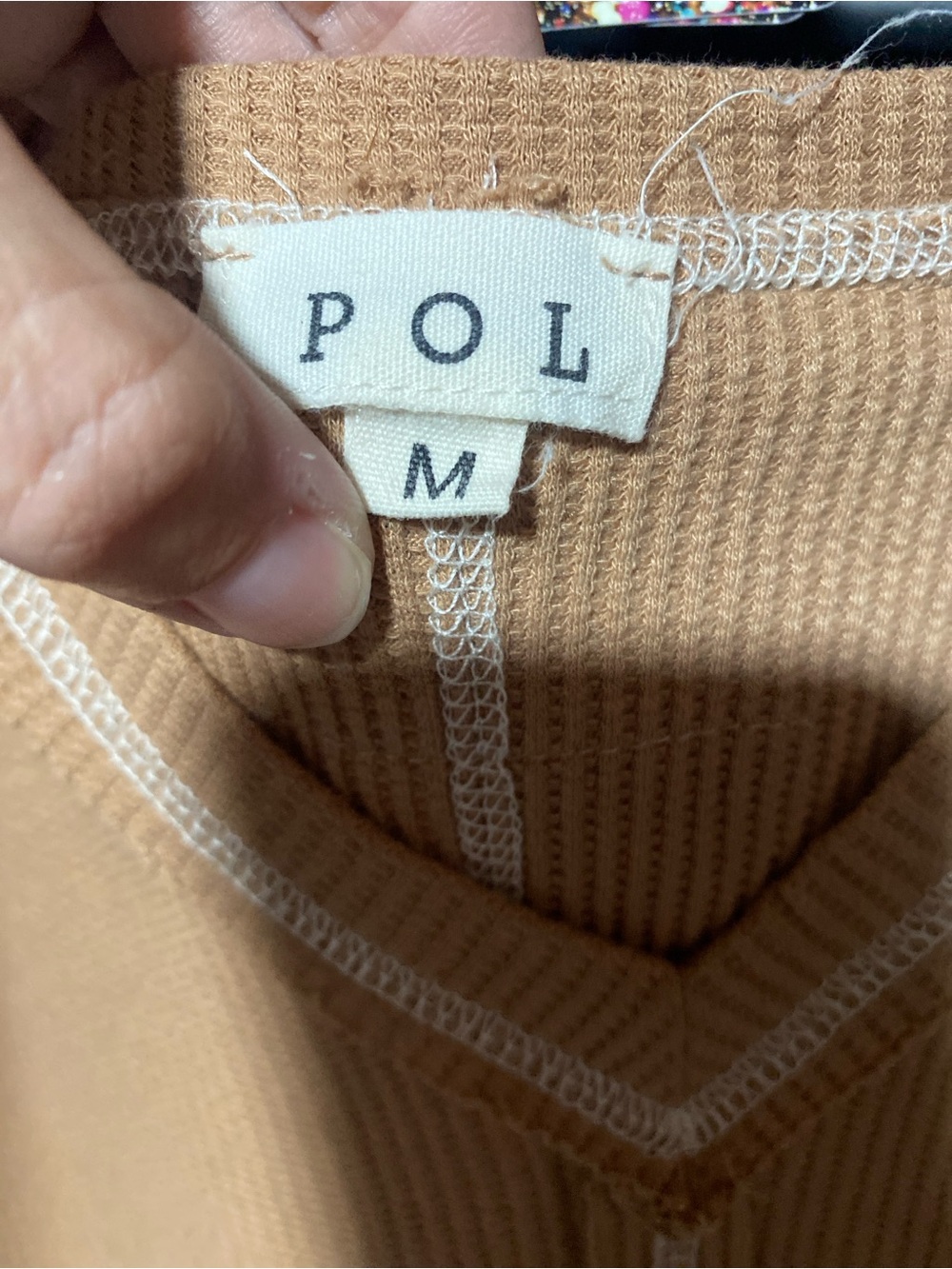 POL Women's Tan Patchwork V-Neck Waffle Knit Hoodie - Picture 2 of 5
